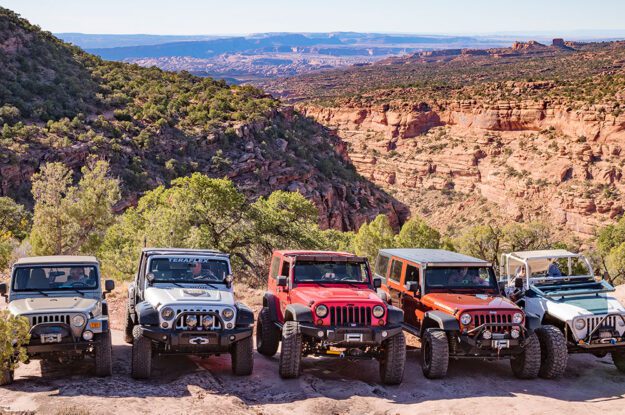 Five Jeeps parked above canyon.