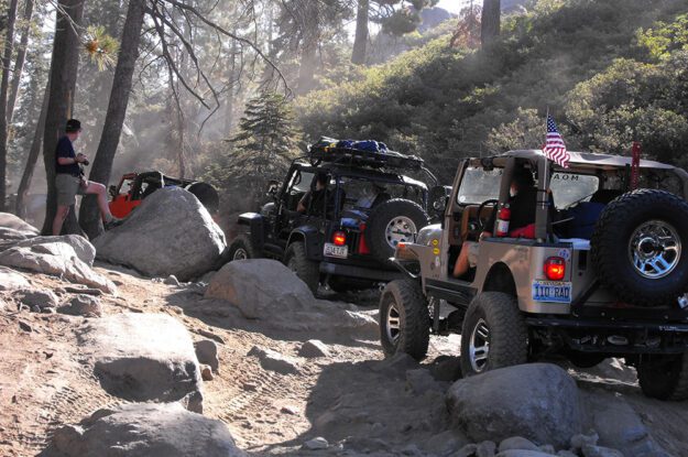 Three jeeps on the Rubicon Trail