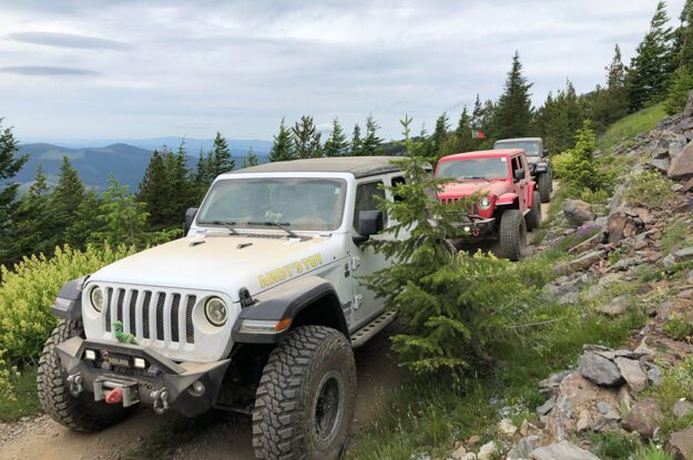 white jeep top of hill