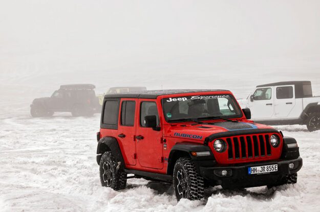 red jeep in the snow