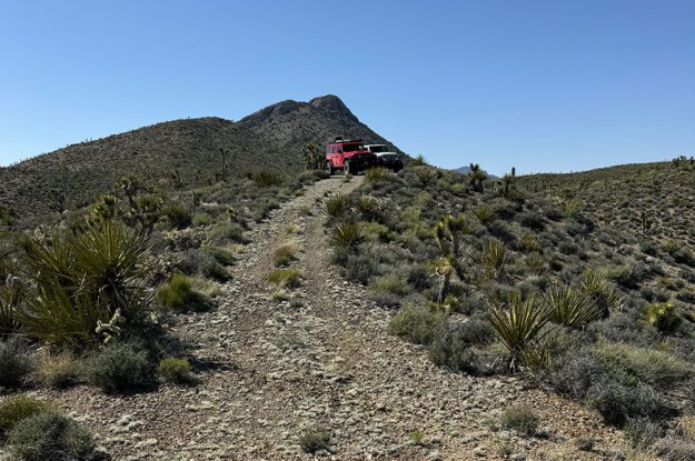 two jeeps at top of hill