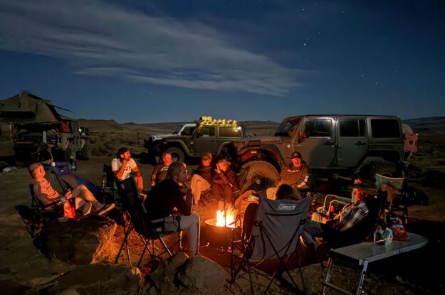 group campfire at night