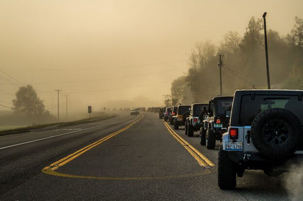 Jeeps and smoky sky