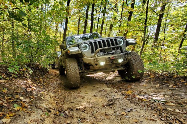 Muddy jeep in trees