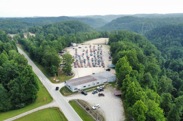 Aerial photo of jeeps lined up