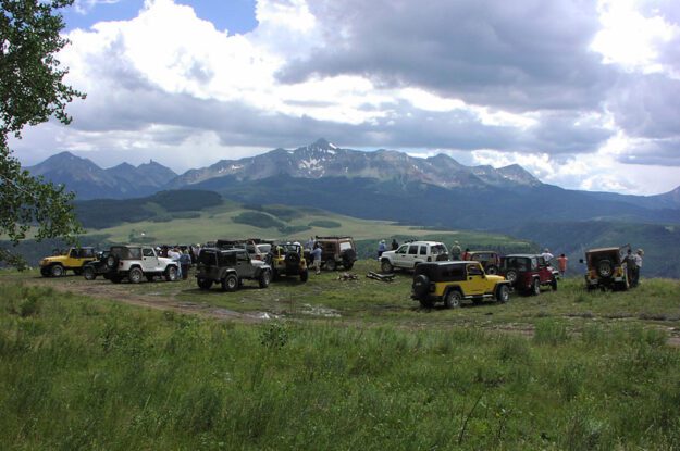 Jeeps in grassy meadow