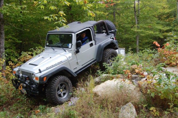 silver jeep in woods