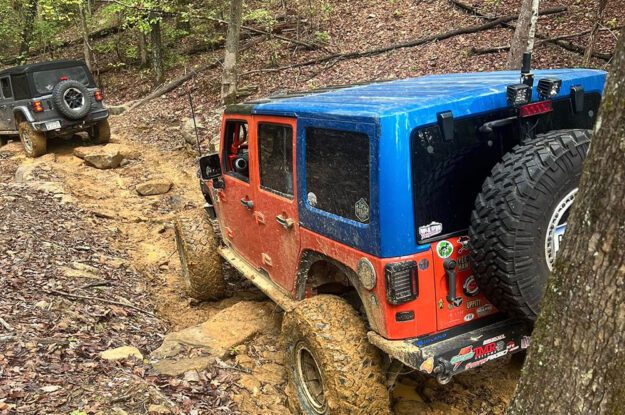 red and blue jeep