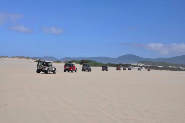 Jeeps driving across sand