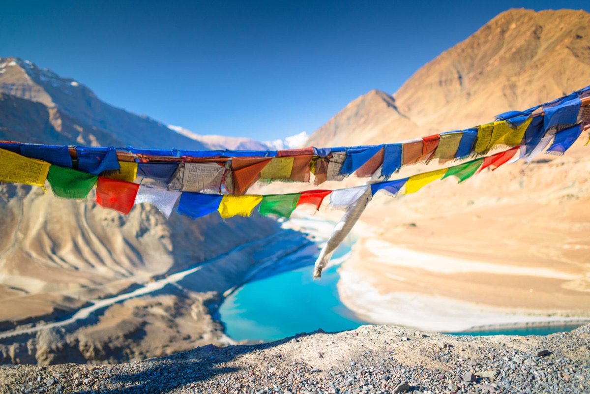 Prayer flags and blue lake